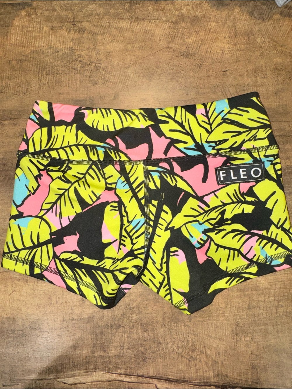 FLEO Neon Tropical Leaf Print Booty Shorts XS Pink Green Athletic Shorts